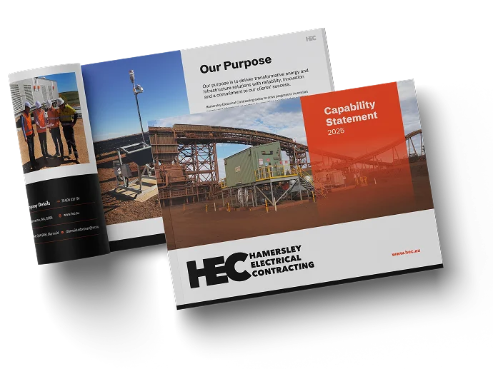 Two brochure pages for Hamersley Electrical Contracting; one features workers and equipment, the other shows industrial infrastructure with the title “Capability Statement 2026” and HEC logo.