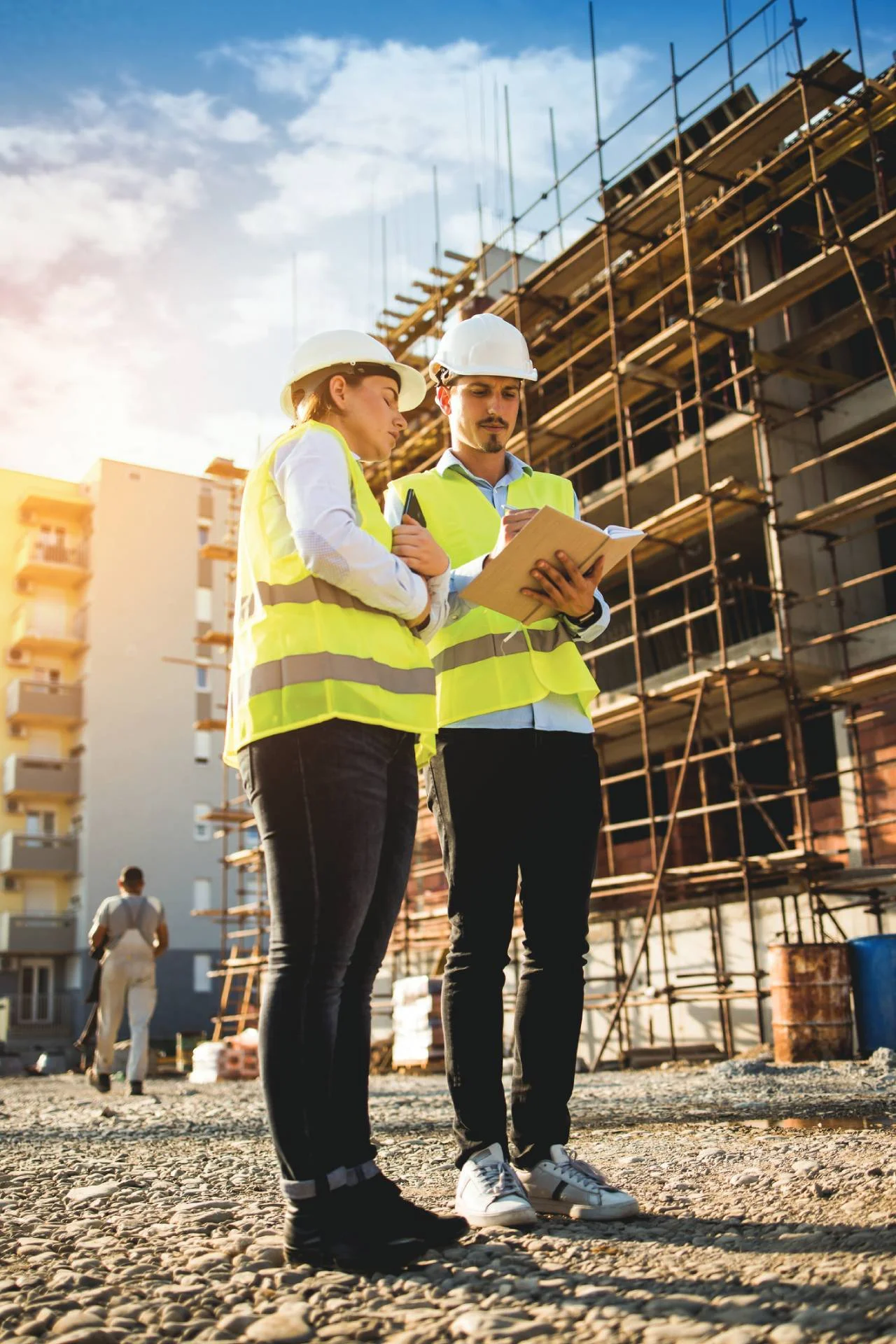 Two construction workers wearing safety vests and helmets review documents on a clipboard at a building site with scaffolding and unfinished structures in the background.