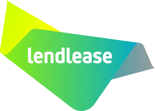 The Lendlease logo featuring the word "lendlease" in white text on a folded, ribbon-like shape shaded green, yellow, and blue, set against a transparent background.