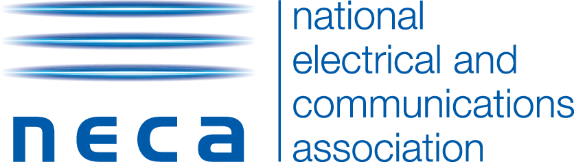 NECA logo with blue horizontal lines above the word "neca" and the text "national electrical and communications association" in blue on a light background.