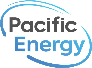 Logo for Pacific Energy with the word "Pacific" in dark gray and "Energy" in light blue, surrounded by two blue swoosh arcs above and below the text.