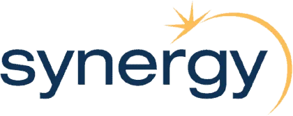 The word "synergy" in lowercase dark blue letters, with a yellow curved line arching from the "r" to the "y," ending in a starburst over the "y.